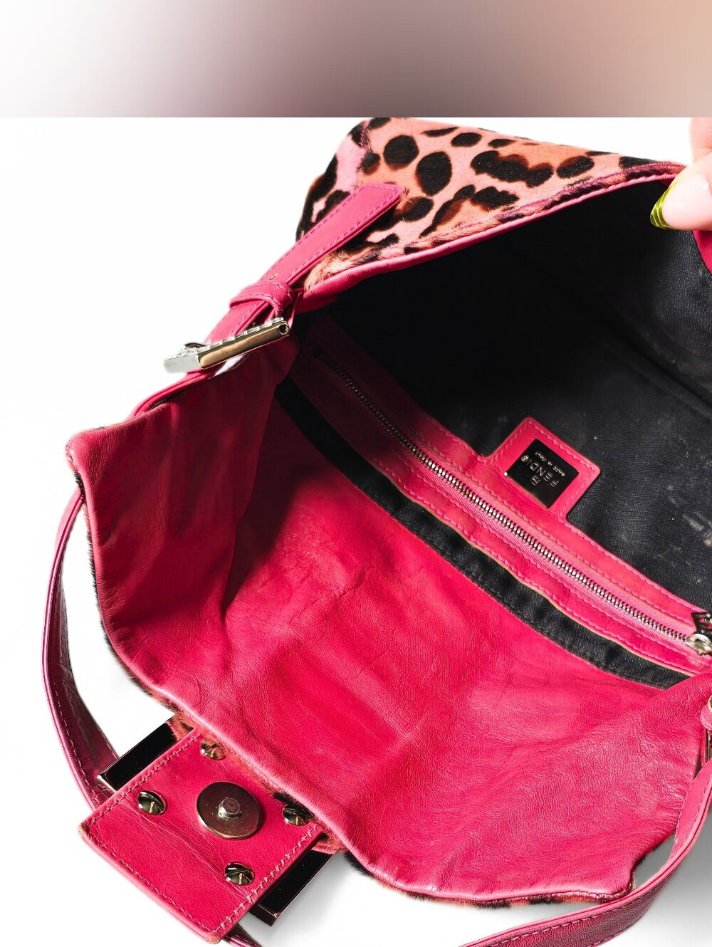 Fendi Baguette Vintage Pink Leopard Pony Hair Crystal Buckle Detail - Picture 12 of 16